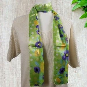 Light Green Floral Polka Dot Oblong Scarf Shawl Wrap 60" x 14" Korea